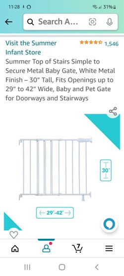 Summer Top of Stairs Simple to Secure Metal Baby Gate, White Metal Finish – 30” Tall, Fits Openings up to 29” to 42” Wide, Baby and Pet Gate for Doorw