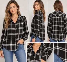 Vince Camuto Womens L Black White Plaid Button Down Blouse Long Sleeve Rayon
