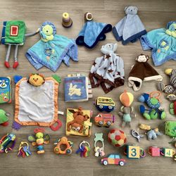 Huge Lot of Infant and toddler toys - several security blankets, rattles, teethers, interactive books, sensory/plush/developmental toys Carters