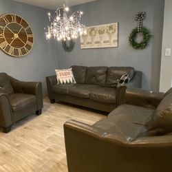 3 Pieces Gray Leather Sofa Set 