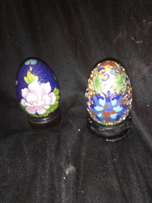 2 Vintage Cloisonne Eggs With Wooden Holders. Buying Both For The Price