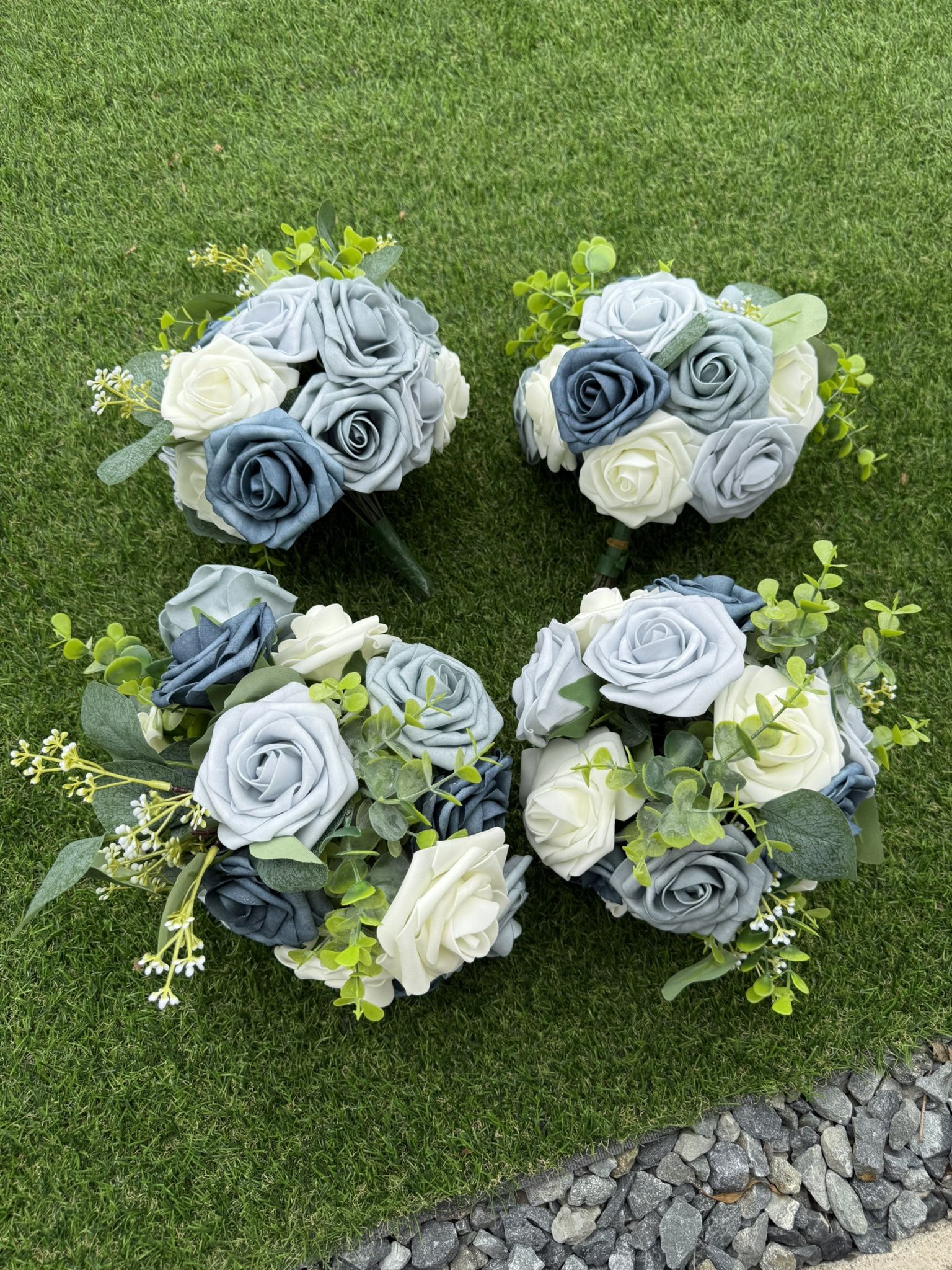 4 Medium Bouquets - Dusty Blue And White Roses