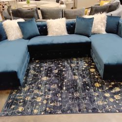 Blue Velvet Sofa Loveseat 2 Pcs Fur Pillows Included 