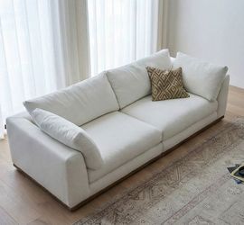 102" Beige Linen Minimalist Sofa w/ Bottom Wood Trim [NEW] **Retails for $2369  