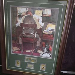 Norman Rockwell "Beating The Deadline" Print With 4 Stamps, Framed, Crafted For A.Lowber 17x22"