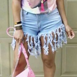 Women's High Waisted Tassels Denim Shorts, Summer Stretchy Frayed Raw Hem Short Pants Jeans Short Clubwear