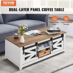 Farmhouse Coffee Table, Rectangle Coffee Table with 2-Sliding Barn Doors, 2-Tiers Wooden Table