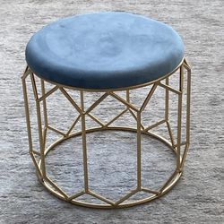 Beautiful Ottoman/Vanity Chair With Light Blue Velvet Seat And Matte Gold Base H17" 18" In Diameter 