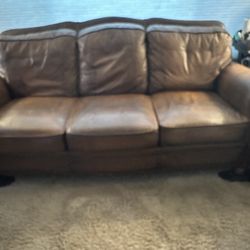 Brown Leather Couch, Love Seat And Ottoman Set