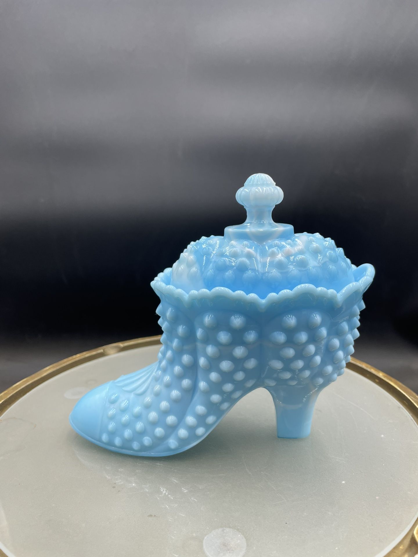 Vintage Fenton Hobnail Blue Slag Glass Shoe With Lid 7” VG W/ Original Sticker