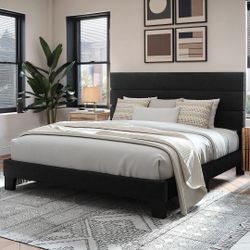 King Size Platform Bed Frame Fully Upholstered Mattress Foundation, Velvet black