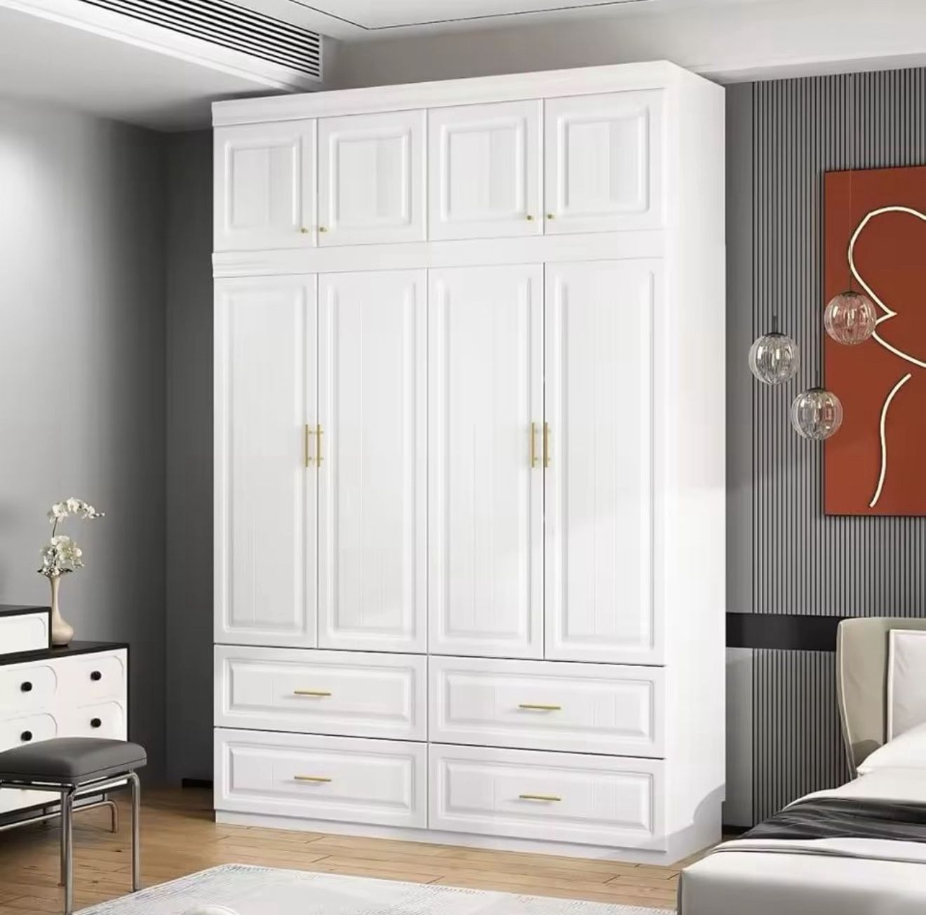4 Door Wardrobe Closet With Drawers & Shelves, Armoire Closet With Hanging Rod, Wardrobe Cabinet With Gold Metal Handles,