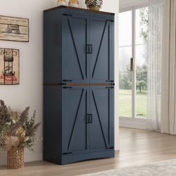 71" Tall Kitchen Pantry,Farmhouse Storage Cabinet with Adjustable Shelves,Load-Bearing Steel Pipe,Farmhouse Pantry Cabinet with 4 Barn Doors,for Kitch