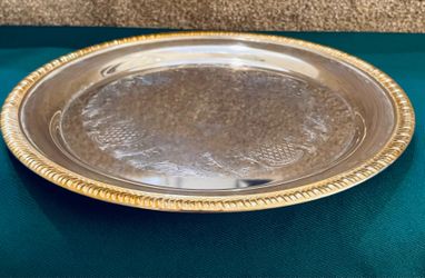 Vintage silverplate engraved round tray with decorative gold edging