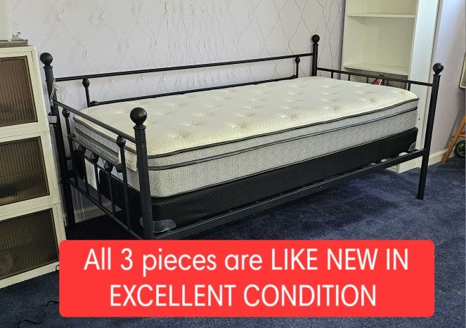 Twin Bed Frame + Mattress + Box Frame, Like NEW in EXCELLENT CONDITION