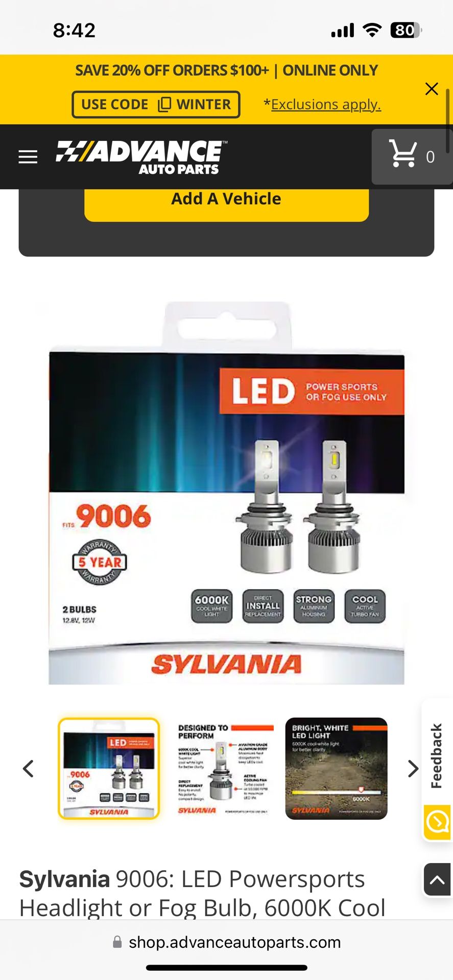 Sylvania 9006: LED Powersports Headlight or Fog Bulb, 6000K Cool White Light, 2 Pack