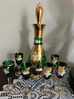 Vintage Bohemian Glass Decanter Set +6 glasses Perfect Condition