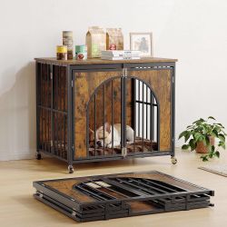 31 Inch Foldable Dog Crate Furniture, Wooden Dog Kennel, Brown for Medium Small Dogs (20-35 lbs), Quick Assembly, Glide Wheels, Spring Locks, Indoor, 