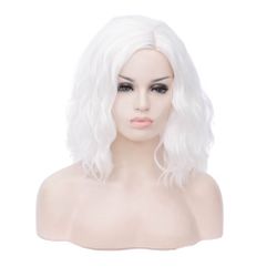 Short Bob Wavy Curly Wig, White, Heat Resistant Bob Party Wig