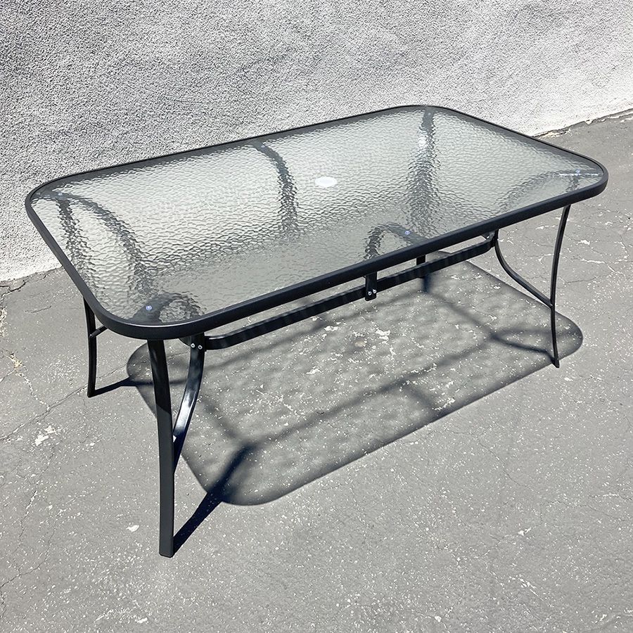 $80 Brand New Rectangular Metal Patio Table 59x36x28” Tempered Glass with Umbrella Hole