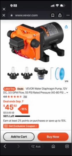 VEVOR 12V Water Diaphragm Pump 3.5 GPM