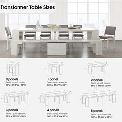 Transformer Table - Solid Wood Extendable Dining Table, Seats 2-12, Expandable Bench, 6 Chairs