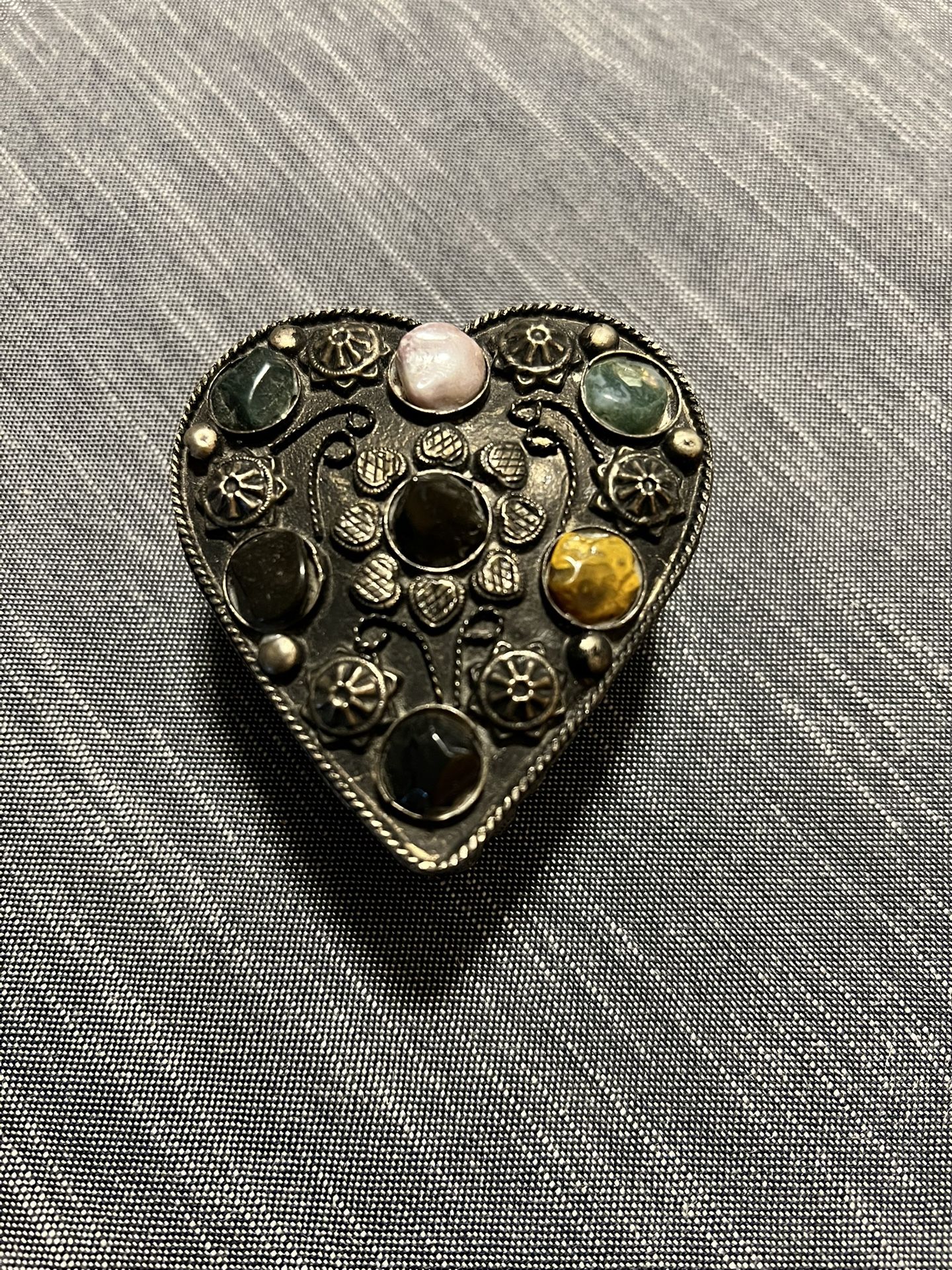 vintage silver plated Indian jewelry box with natural stones