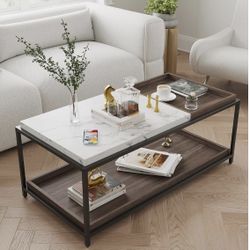 ODIKA Convertible Entertaining Coffee Table - Faux Marble With 2 Removable Trays, 47 Living Room Table, Modern With Storage Furniture, Walnut