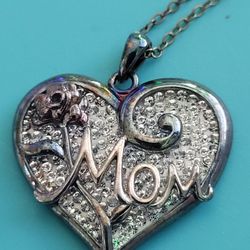 Vintage 20" Sterling Silver  "Mom" Rose & Heart Pendant Necklace Phrase On Back. The front image shows a sterling silver necklace featuring a heart-sh