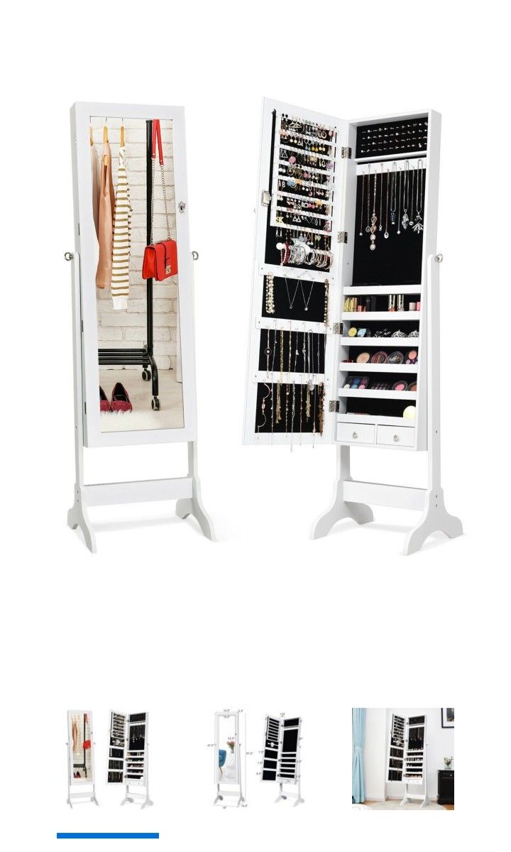 Mirrored Jewelry Cabinet Storage Organizer With Box Drawers White