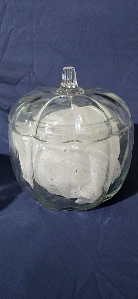 Vintage Anchor Hocking Clear Glass Pumpkin Candy/Cookie Jar With Lid