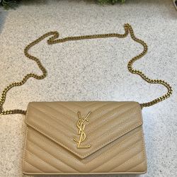 Saint Laurent Monogram Leather Wallet on Chain, Brown