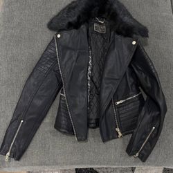 Guess Women's Tasha Faux- Leather Moto Jacket (XSJet Black) Cheetah Print Inside