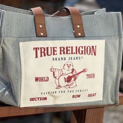 NWT NEW True Religion Large Jeans Lt Blue Jean Denim Tote Bag Handbag Weekender