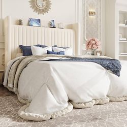 SHA CERLIN Full Size Velvet Bed Frame with Shelf, Charging Station, Cream