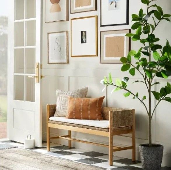 Studio McGee - Elden Wood Boho Bench w/Woven Back & Loose Cushion Seat