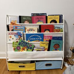 Kids’ Bookshelf With Fabric Storage Bins – Great Condition