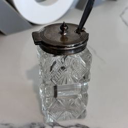 Antique Glass Cut Condiment Jar With Commemorative Spoon