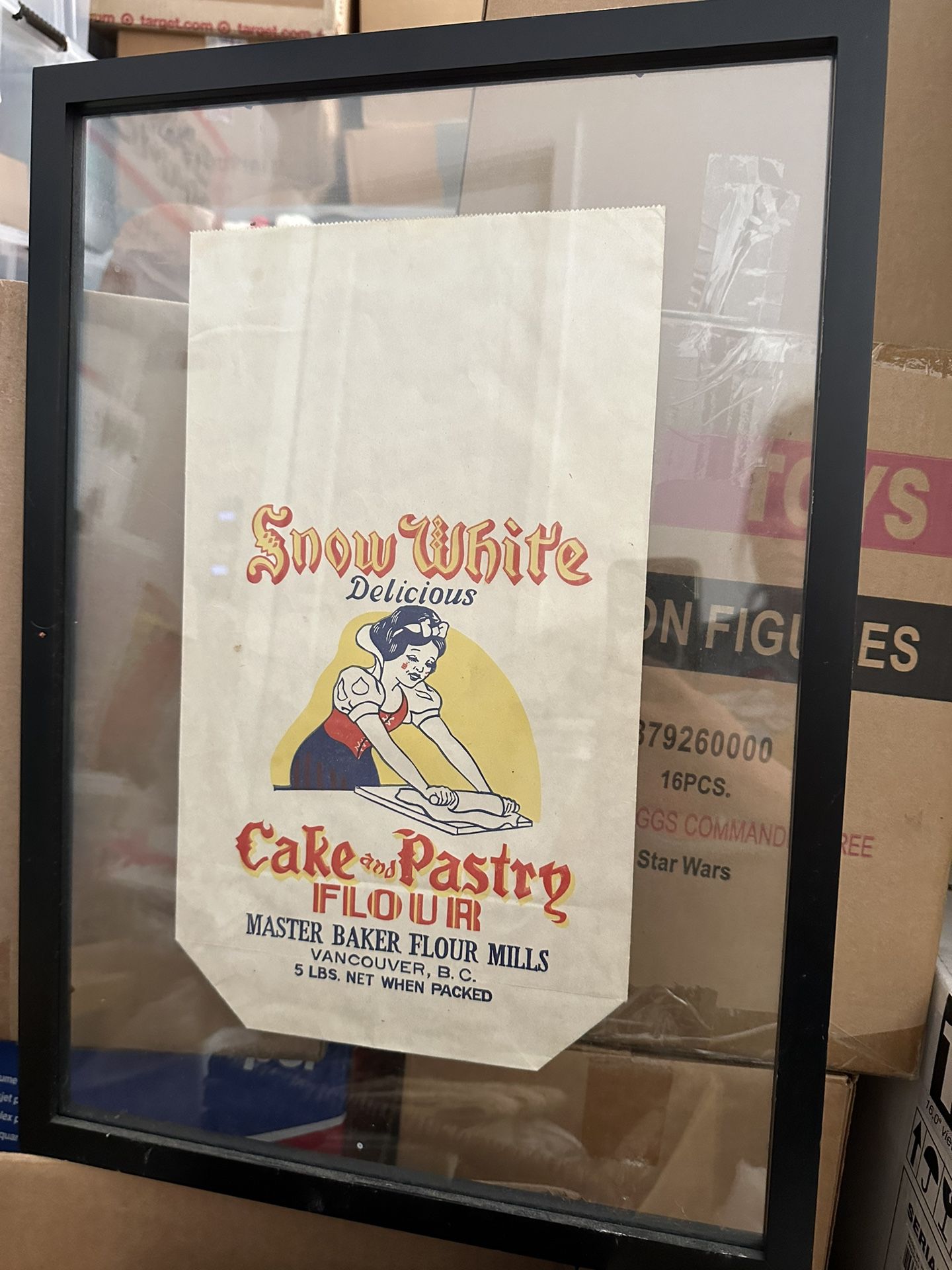 Vintage Antique Snow White Flour Bag in Clear Glass Black Frame