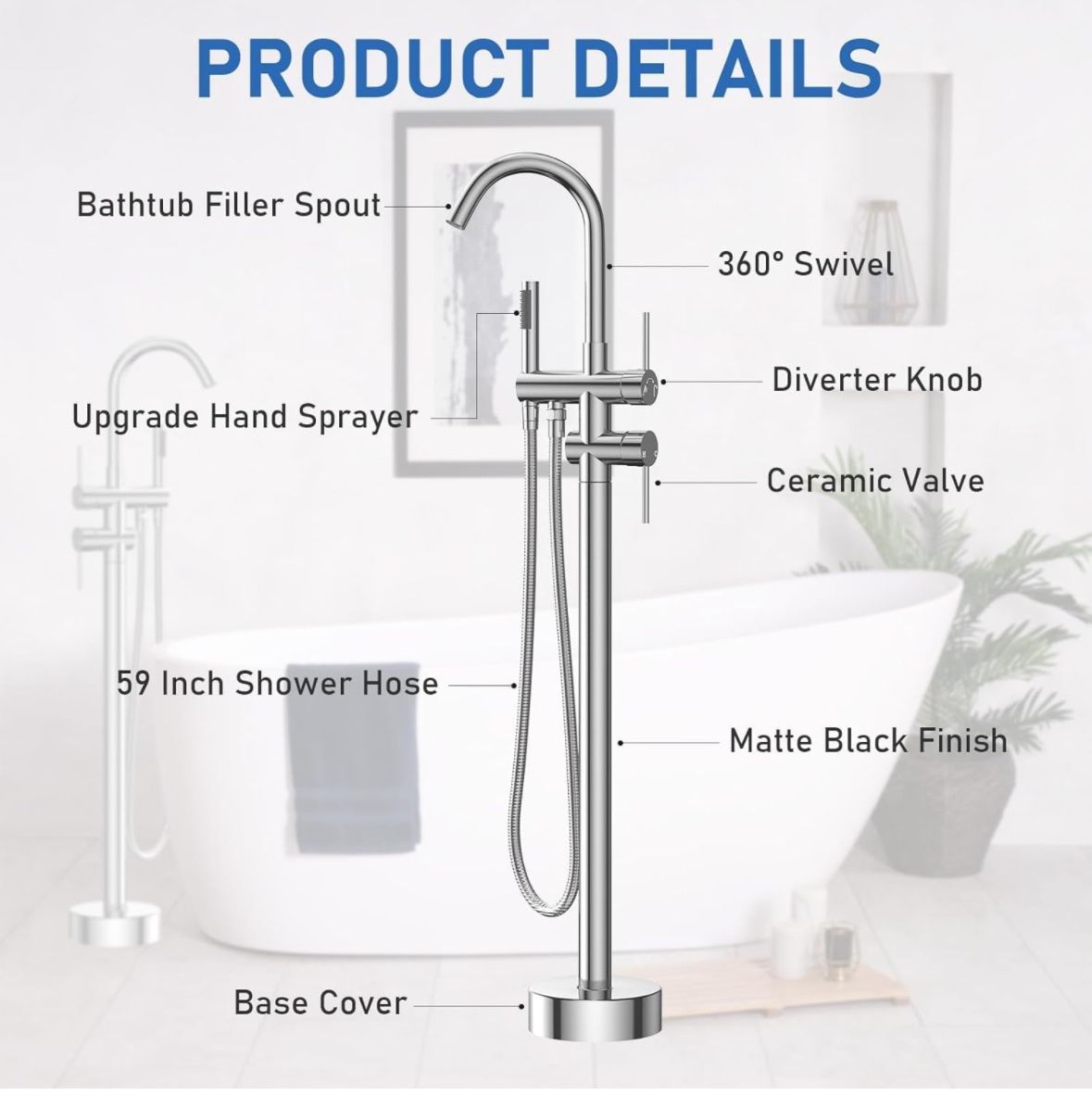Freestanding Bathtub Faucet, Floor Mounted Tub Filler with Handheld Shower Waterfall Chrome Brass Shower Mixer for Bathroom Bathtub (Chrome
