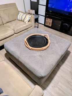 Modern Ottoman Upholstered in Warm-Gray Fabric