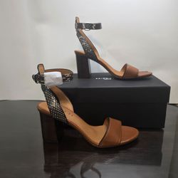 Coach Paige Leather Ankle Strap Block Heel Sandal Saddle Brown Snakeskin Sz 7.5