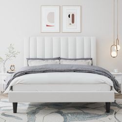 Clearance Queen Size Platform Bed Frame with Upholstered Velvet Channel Headboard, White