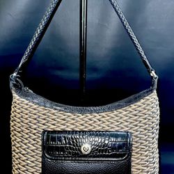 Brighton Womens Black Brown Raffia Basket Weave Straw Leather Shoulder bag 