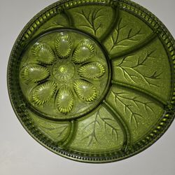 Vintage Indiana Glass Pebble Leaf Avocado Green Divided Relish Deviled Egg Plate