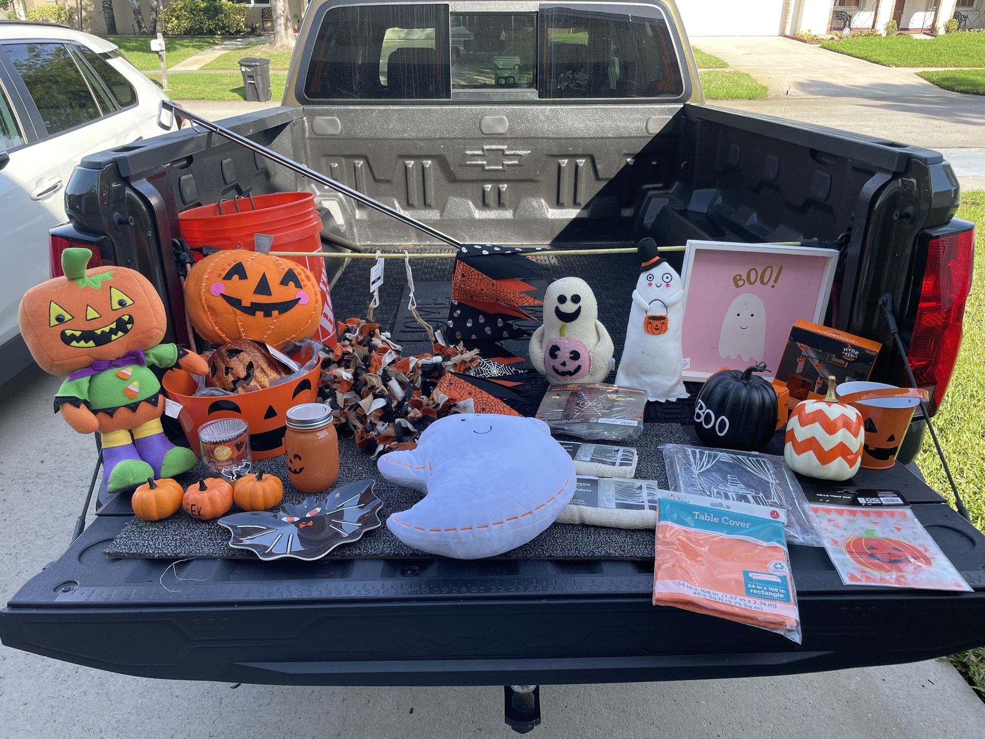 8 large black garbage bags, full of Halloween decorations and Thanksgiving decorations. Everything is new selling all together one price $99.