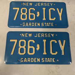 Vintage New Jersey License Plate Pair Blue 1980’s, “ICY” , RARE!