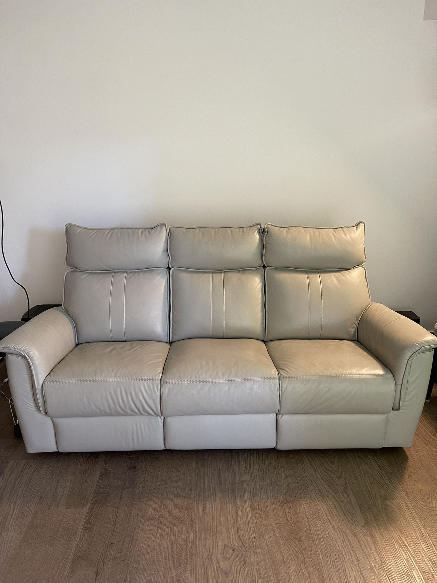 Leather Sofa Light Grey, Power Headrest And USB - Gently Used