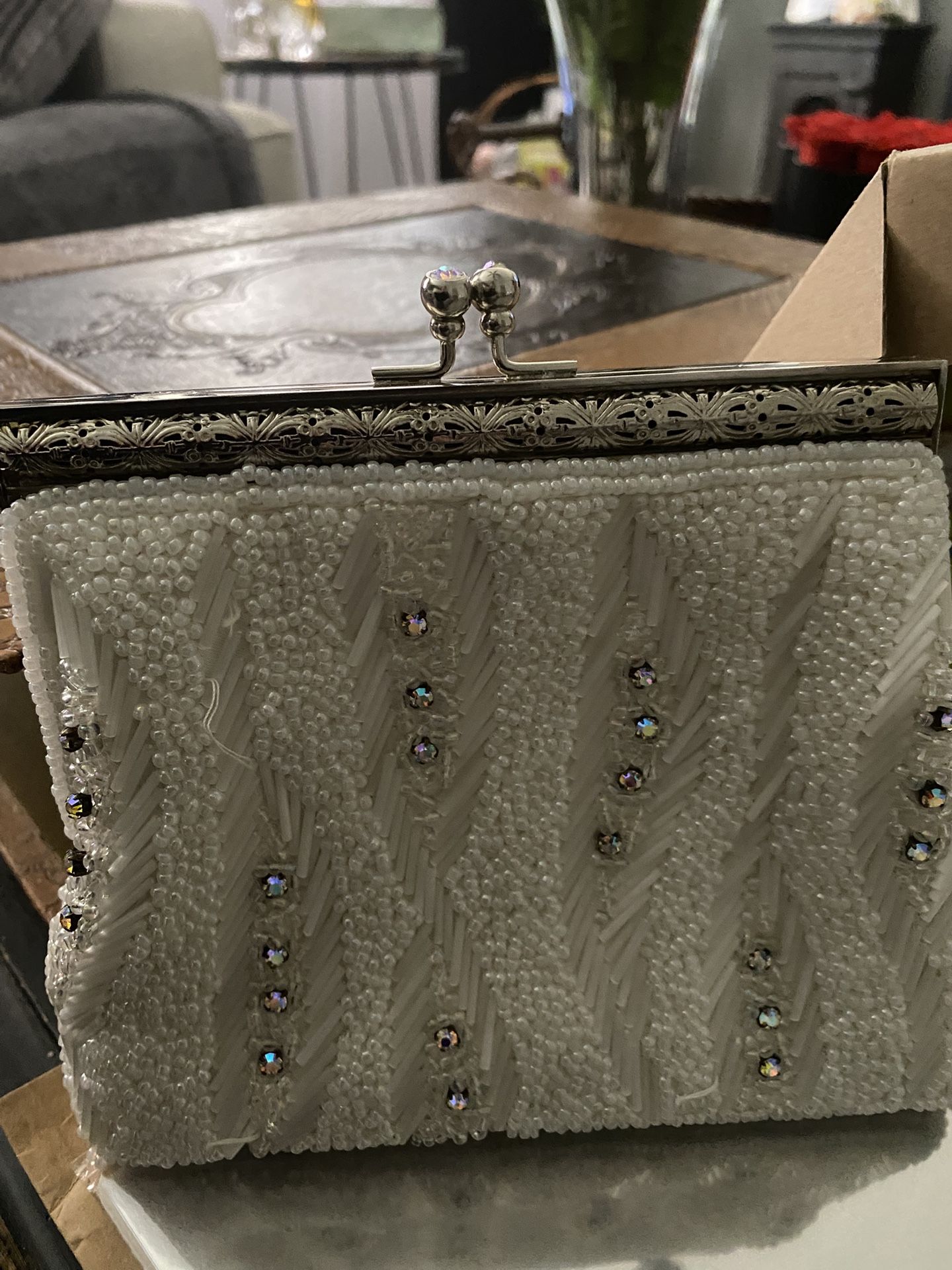 Vintage Evening Bag White Beaded Cream Fabric Purse Silver Frame