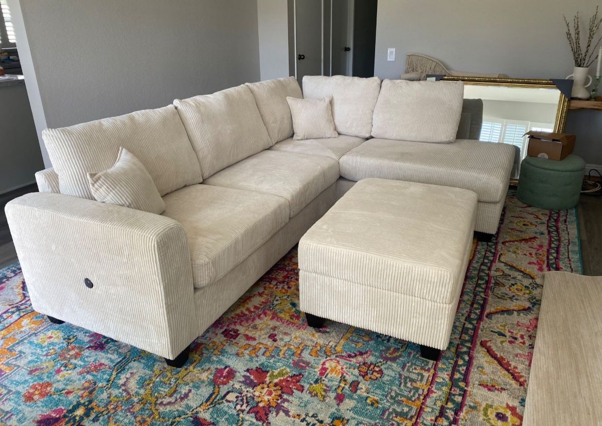 corduroy Sectional Sofa with usb charging and storage ottoman